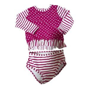 Ruffle Butts Pink Polka Dot Long Sleeve Rash Guard 2-Piece Ruffle Swimsuit